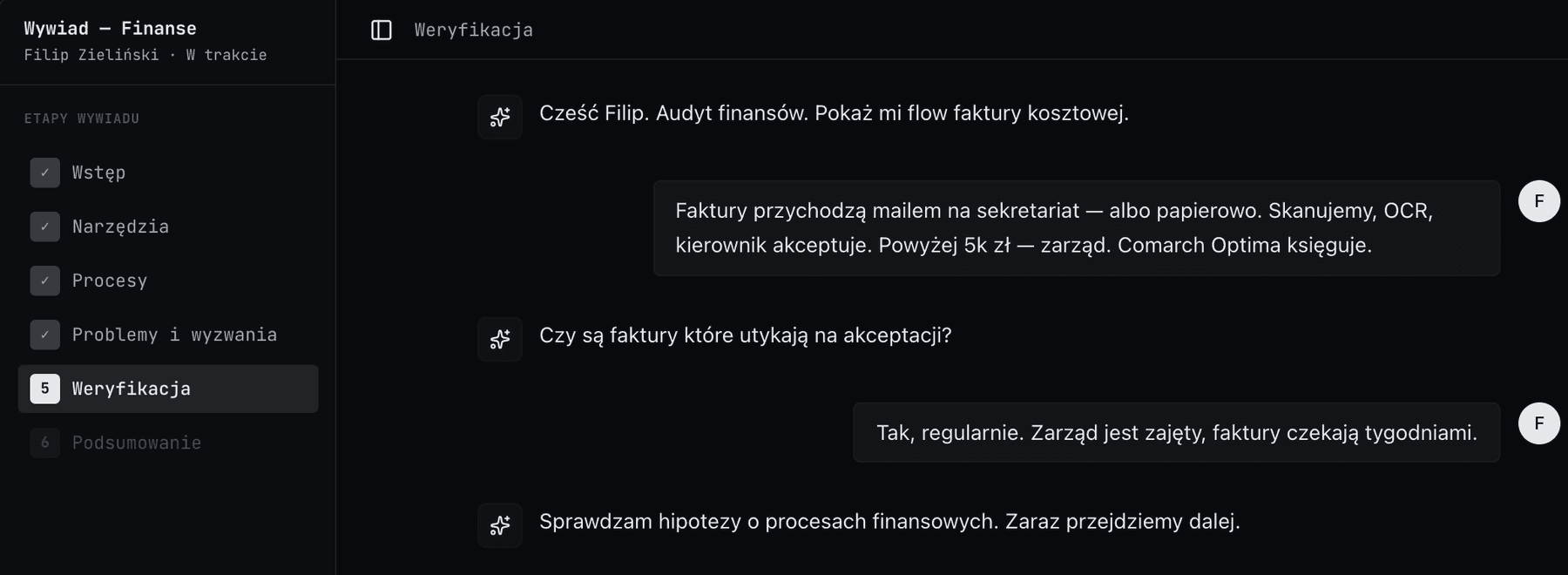 Wywiad AI-Audytora w The Platform: etapy wywiadu i rozmowa o obiegu faktur kosztowych