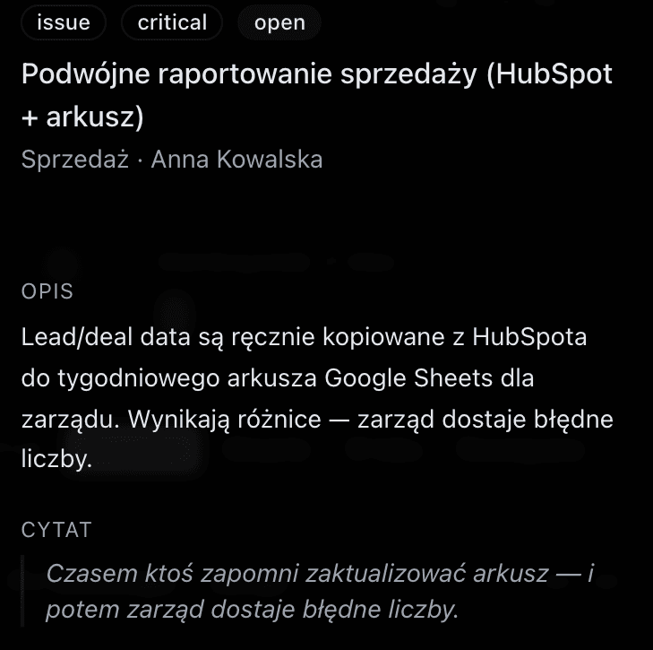 Alert krytyczny w The Platform: podwójne raportowanie sprzedaży, opis i cytat z wywiadu jako dowód